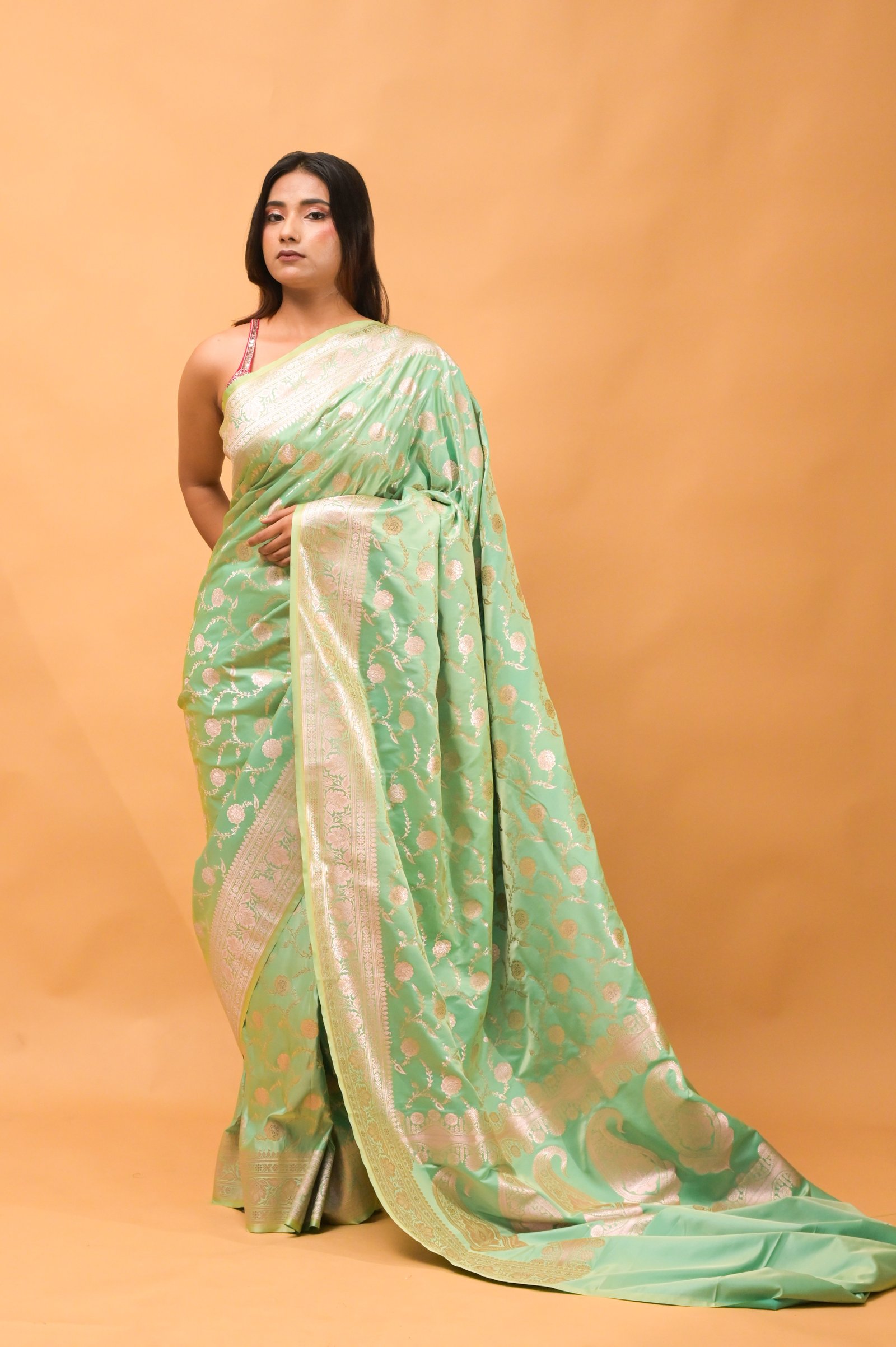 Pistachio Gold floral Jangla Silver Zari Handwoven Katan Silk Banarasi Saree